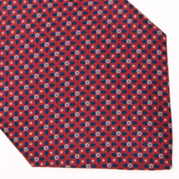 Drake's NWT Neck Tie in Red with Blue & White Geometric Pattern 100% Silk